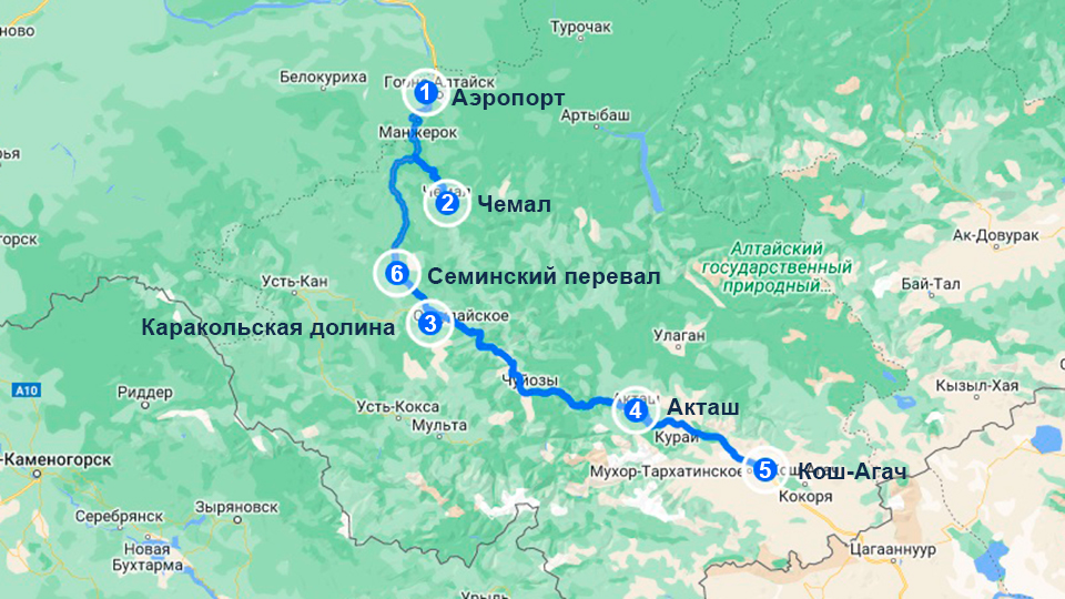 Зимний маршрут по Алтаю на карте
